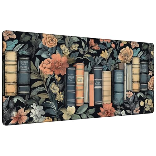 Books and Flowers Mouse Pad,35.4 x 15.7 Inch Large Mouse Mat Non-Slip Rubber Stitched Edges for Writing Desk,Office,Home,Laptop - color: Books and Flowers, size: 35.4L x 15.7W inches