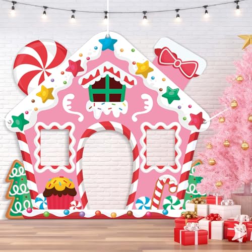 WovWeave Pink Gingerbread House Christmas Decoration 65x71 Photo Backdrop - style: Pink Gingerbread