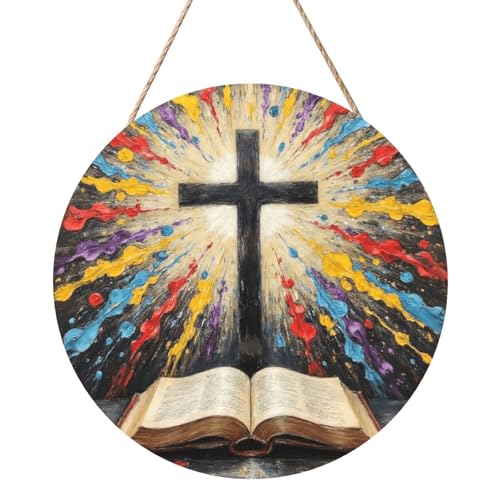 Door Sign Round Wooden Hanging Plaque With Rope Cross And Open Bible With Light Burst 12 X 12 Inch Rustic Welcome Wall Decor For Porch Entryway Farmhouse Home