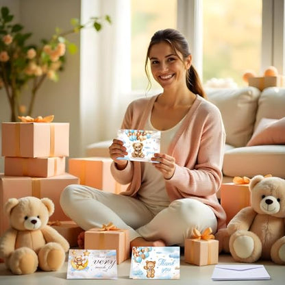30 Pieces Bear Baby Shower Thank You Cards, Bear Balloon Thank You Cards with Envelopes and Stickers for Baby Shower Wedding Bridal Wedding Party Supplies - color: Bear