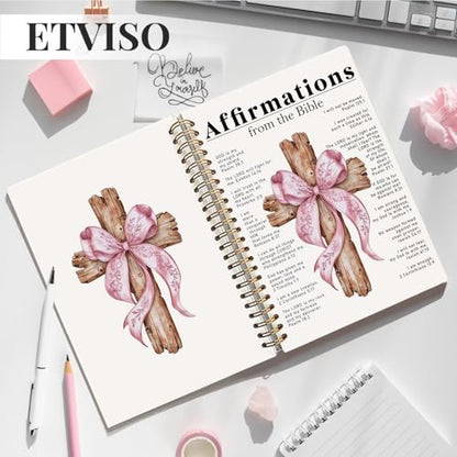 ETVISO Pink Bow Spiral Bible Notebook for Note Taking, Affirmations from the Bible Christian Gifts for Women Girls, Bible Study Supplies Journal, Cute Preppy Hardcover Spiral Notebooks 5.5 x 8.3 - color: 01-Bible(Affirmations from the Bible)