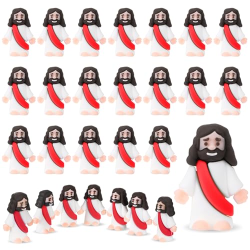 Bememo 25 Pcs Little Jesus Figures Original Design Mini Rubber Jesus Toys to Hide and Seek Religious Party Favors Sunday Baptism Gifts(Red) - color: Red