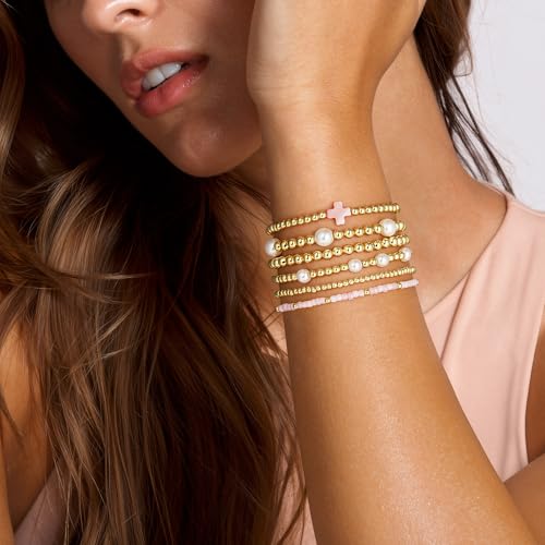 M MOOHAM Beaded Bracelets for Women Teen Girls, 14K Gold Bracelet Stack - color: Pink Cross-2