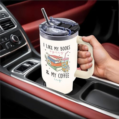 Book Lovers Gifts for Women, 40oz Tumbler with Handle & Straw - color: Bookcoffee-White