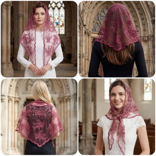 Lystaii Triangle Lace Mantilla Veil Catholic Chapel Head Covering Scarf - color: Dusty Rose