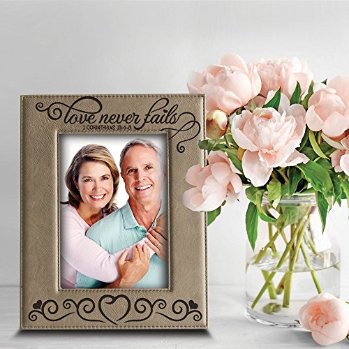 BELLA BUSTA - " Love Never Fails - 1 Corinthians 13:4-8 (Bible Verse) Engraved Leather Picture Frame (5"x 7" Vertical) - size: 5"x 7" Vertical
