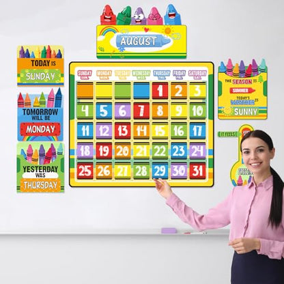 Cholemy 85 Pcs Calendar Bulletin Board Set Classroom Calendar Bulletin Board with Numbers Month Weather Classroom Decorations for Back to School Wall Chalkboard Decor Supplies(Crayon) - style: Crayon