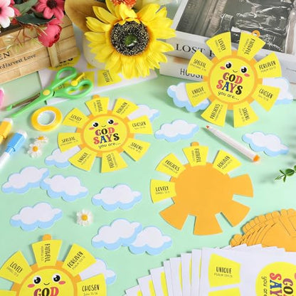 24 Sets Sunday School Crafts for Kids DIY God Says You Are Sun Paper Craft Kit Religious Christian Bible Hanging Ornaments with Stickers for Church VBS Home School Classroom Faith Activities Gifts
