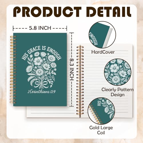 Boho Dark Teal Floral Christian Notebook Journal, His Grace Is Enough Religious Bible Verse Spiral Hardcover Notebook Journal for Church Notes Study Office Work, 5.5x8.3 Inch - color: Teal Flowers & Bible