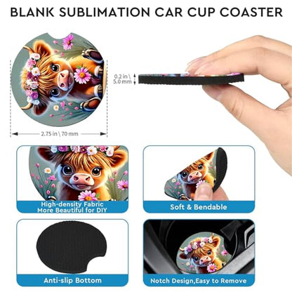2 Pack Highland Cow Floral Car Cup Holder Coasters Universal Neoprene Mat - color: Cow Baby