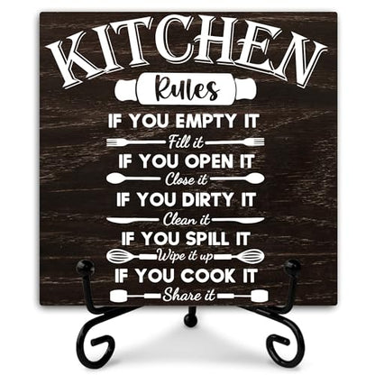 Kitchen Wooden Sign Decor, Kitchen Rules, Rustic Wooden Plaque Sign With Iron Stand, Farmhouse Home Office Restroom Desk Shelf Decorations - style: Kitchen
