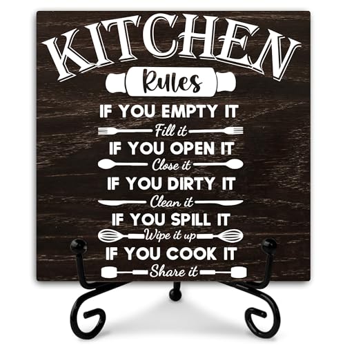 Kitchen Wooden Sign Decor, Kitchen Rules, Rustic Wooden Plaque Sign With Iron Stand, Farmhouse Home Office Restroom Desk Shelf Decorations - style: Kitchen
