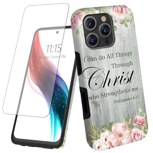 for iPhone 16 Pro Phone Case 6.3" with Screen Protector Bible Verse Philippians 4-13 Design Women Men Hybrid Dual Layer Hard PC Shell Soft TPU Silicone Wireless Charging Shockproof Protective Cover - color: Bible Verse Philippians 4-13, size: for iPhone 1