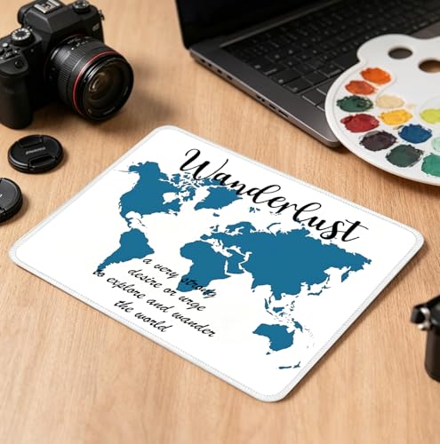 Wanderlust World Map Mouse Pad, 10.2×8.3 Inch Travel Quote Desk Mat, Non-Slip Adventure Mousepad, Gift for Travel Lovers, Wanderers & Globe Trotters - color: White Funny Inspirational-11