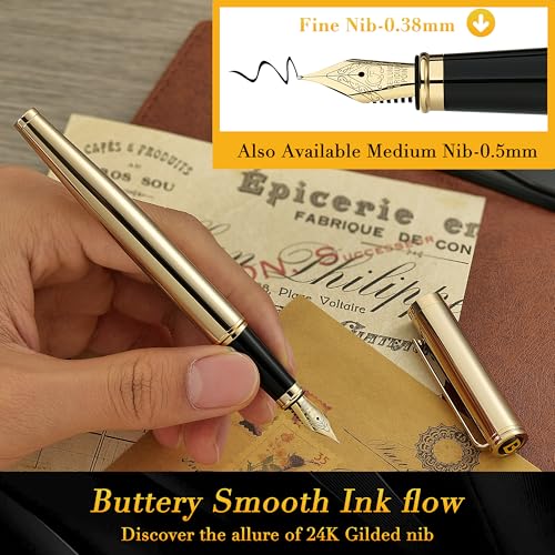BEILUNER Gold Personalized Fountain Pen,Stunning Luxury Surface,24K Gilded Nib(Fine),Gorgeous 24K Gold Finish, Ink Converter,Fancy Gift for Men&Women-Elegant, Graduation,Office Pens for Writing - color: ,Gold (Personalized), style: Fine Nib