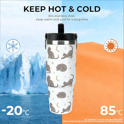 30 oz Cat Travel Mug with Handle and Straw, Cute Aesthetic Kitten Pattern Stainless Steel Vacuum Insulated Tumbler, Water Bottle, Funny Cat Lover Gifts for Women - color: cat travel mug