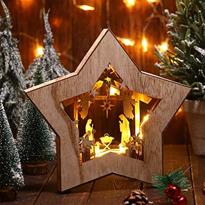 Bucherry Wooden Nativity Scene Christmas Decoration LED, Star - style: Star