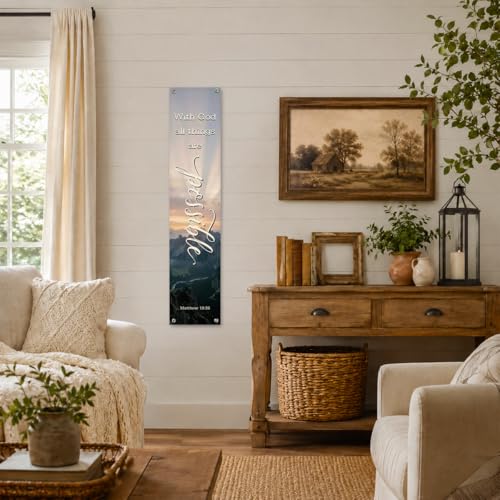 Christian Home Wall Banner, With God All Things Are Possible Religious Inspirational Wall Hanging Sign, Farmhouse Christian Faith Decor for Church Home 48x9 In - color: color_name15