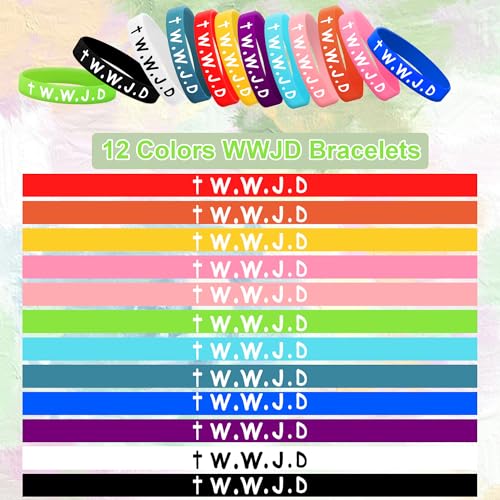24Pcs WWJD Rubber Bracelets 12 Colors Christian Religious Bands for Favors - style: 24 Pack
