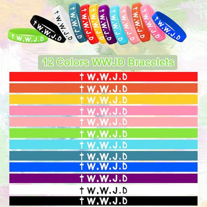 24Pcs WWJD Rubber Bracelets 12 Colors Christian Religious Bands for Favors - style: 24 Pack