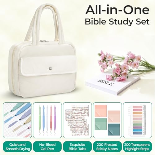 WOBAGMEN Puffy Bible Cover Case for Women with Study Supplies,Soft Bible Bag with Highlighters for Girls, Bible Journaling Kit Christmas Christian Gift for Women (Beige, M) - color: Beige