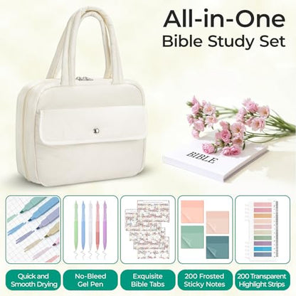 WOBAGMEN Puffy Bible Cover Case for Women with Study Supplies,Soft Bible Bag with Highlighters for Girls, Bible Journaling Kit Christmas Christian Gift for Women (Beige, M) - color: Beige
