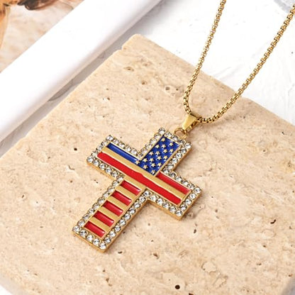 American Flag Cross Pendant Necklace, Silver-Tone, Stars and Stripes, Patriotic Religious Jewelry,for a gift box - color: Gold1