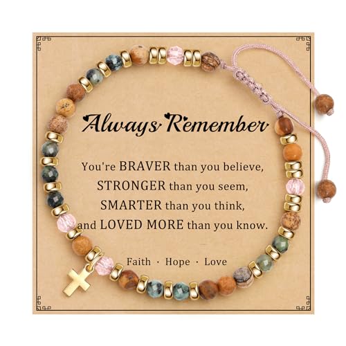 Cross Bracelets for Women Girls, Christian Gifts for Women Natural Stone Beaded Bracelets First Communion Confirmation Baptism Gifts Catholic Easter Christmas Inspirational Gift Jewelry - color: African Turquoise - Always Remember