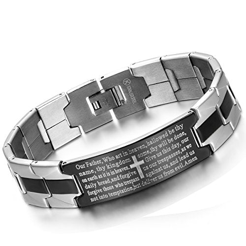 Flongo Men's Vintage Stainless Steel Black Cross English Bible Lords Prayer Link Wrist Bracelet For Men Christmas Gifts - color: silver, 7.9 inches