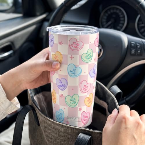 SANDJEST Heart Message Tumbler 20oz, Stainless Steel Travel Cup with Lid, Insulated Coffee Mug, Heart Gifts for Women Girls Friends Sisters on Birthday Christmas Valentine - color: Heart Message