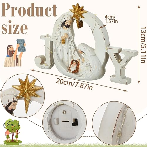 Soaoo Christmas Nativity Scene with LED String Lights Nativity Figure Set Holy Family Manger Christmas Decoration Light up Decor for Indoor Tabletop Mantle Fireplace(Joy)