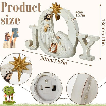 Soaoo Christmas Nativity Scene with LED String Lights Nativity Figure Set Holy Family Manger Christmas Decoration Light up Decor for Indoor Tabletop Mantle Fireplace(Joy)