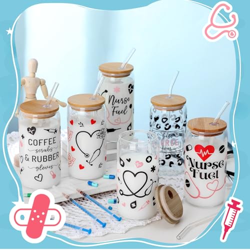 SiliFine 6 Pcs Nurse Gift Glass Cups, 16 oz with Lids and Straws - style: Nurse