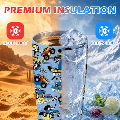 Hiboss Monster Truck Tumbler with Handle and Flip Straw 28oz, Insulated Stainless Steel Travel Monster Trucks Cup for Kids Boy, Birthday Christmas Trucks Gifts for Kids Teens Boys - color: Monster Truck