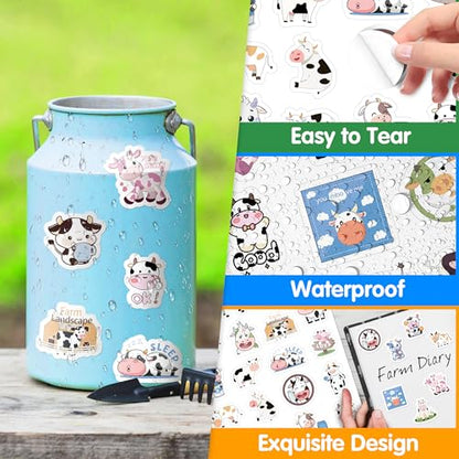 LINAYE 24 Sheets Cow Stickers for Kids, 960 PCS Waterproof Self Adhesive Cow Supplies Party Favors Crafts Stuff Rewards for Kids Boys Girls - style: Cow 24 Sheets