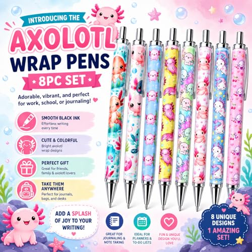 Axolotl Wrap Pens 8PC – Cute Pens for Men Women Perfect Gifts Party Treats Christmas Holiday Birthday Basket Fillers Fun Office Essentials Diary Bag Bulk Stationery Set For Friends Coworkers Teachers - style: Axolotl