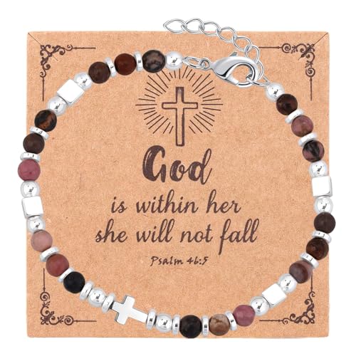 Beaded Bracelets for Women, Inspirational Natural Gemstone Bracelets Graduation Mothers Day Christmas Birthday Gifts for Mom, Daughter, Granddaughter, Wife, Sister, Best Friend - color: Rhodonite, style: Cross