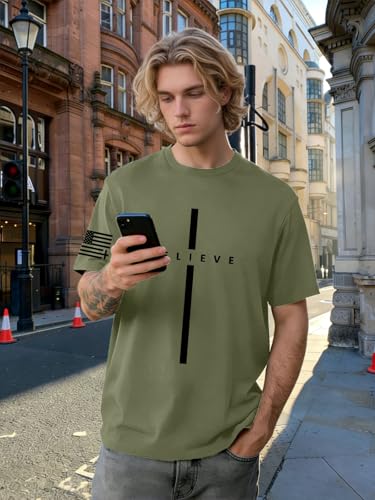 Eatbook Christian Shirts for Men Faith Over Fear Religious Tshirt - color: Armygreen, size: Large