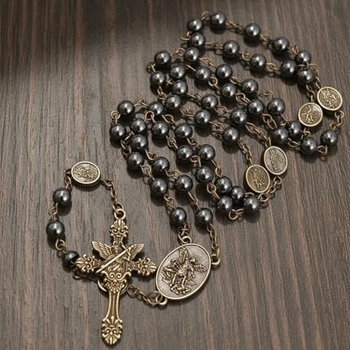 Nazareth Store St Michael Rosary Hematite Stone Beads Necklace Metal Beaded Glory Beads Archangel Medal & Cross with Metal Gift Box - color: Bronze | St.Michael Cross