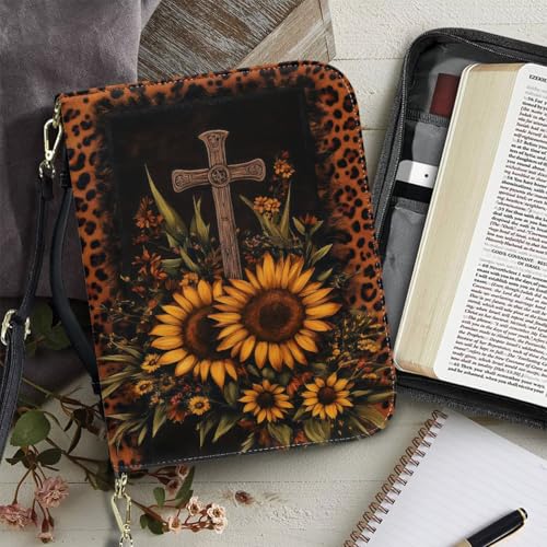 Book Covers Bible Covers for Women Men Large Size Bible Bag Tote - color: A Leopard Cross Sunflowers, size: Large