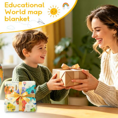 Mosslink World Map Blanket 40"x50", Boys Girls Animal Educational Throw - color: Yellow-world Map