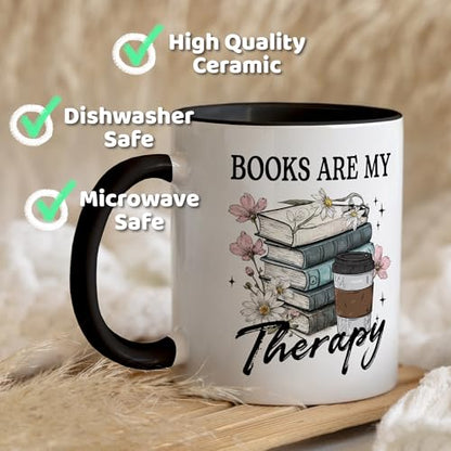 Book Lover Gifts - Books Are My Therapy Mugs with Black Handle, Bookish Coffee Mug with Stacked Book Design, Birthday, Christmas Gift for Books Lovers Women, Bookworm Mugs for Readers - color: Book with Black Handle