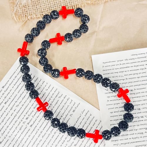 Baseball Bead Cross Necklace for Boys Kids, Elastic Rhinestone Bling Necklace Drip Gifts for Teens Players - color: Red Cross/Black