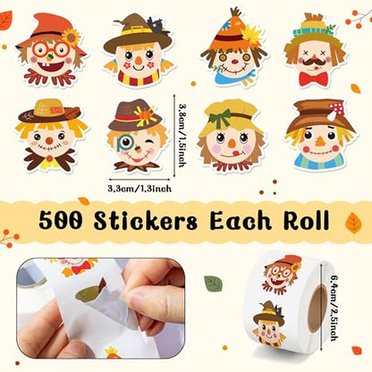 Haooryx Fall Scarecrow Sticker Rolls, 1000 Pcs Autumn Scrapbook Stickers - style: Fall-Theme Scarecrow Head 2Roll