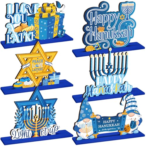 Shellwei 6 Pcs Hanukkah Table Decorations Hanukkah Wooden Table Sign Happy Hanukkah Table Centerpiece Gnome Menorah Hexagram Wooden Signs for Chanukah Home Table Tier Tray Party Decor - style: Hanukkah Style