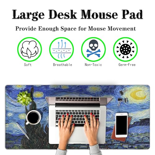 Keyboard Mouse Pad Blue Computer Desk Pads XXL Mousepad Pad for Mouse Non-Slip Rubber Base Waterproof with Stitched Edges 35.4" X 15.7" for Game Office, The Starry Night - color: The Starry Night