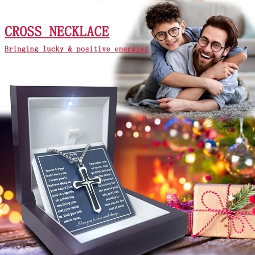 MGOOL Son Gifts From Mom To My Son Necklace From Dad Faith Cross Necklace Present Graduation Birthday Gifts Message Card＆LED Gift Box - color: SN928 Silver-black Wooden Led Box