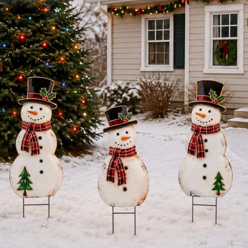 Amyhill 3 Pcs Christmas Outdoor Decor Snowman Metal Garden Stakes - style: Snowman