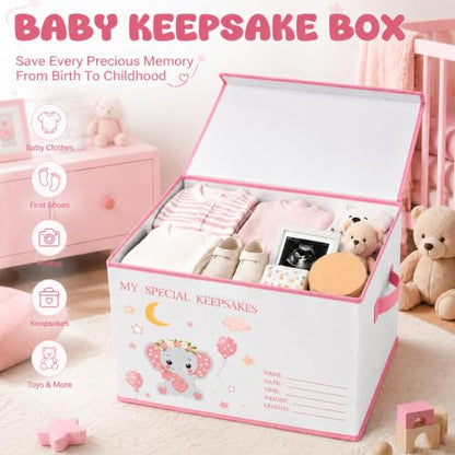 Baby Memory Keepsake Box 16x12x12 Inch Elephant Dinosaur Pattern - color: pink