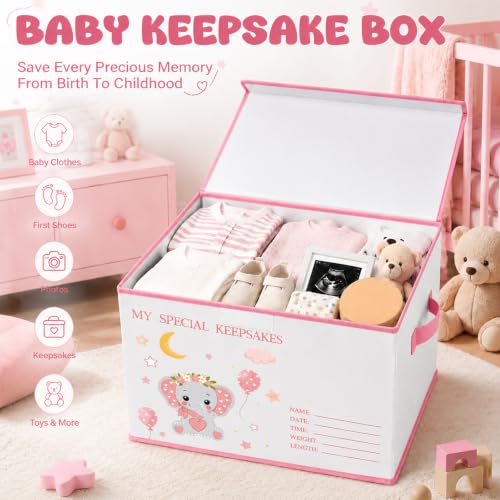 Baby Memory Keepsake Box 16x12x12 Inch Elephant Dinosaur Pattern - color: pink